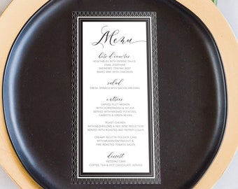 Black and White Patterned Wedding Menu Cards, Modern Individual Guest Menus, Framed Menus, Custom Menu Cards, Printable Table Menu Cards,