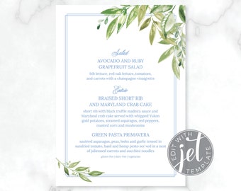 Watercolor Greenery Wedding Menu Template, Modern Printable Event Menu Card, Instant Download Dinner Menu, Edit with Jet Template