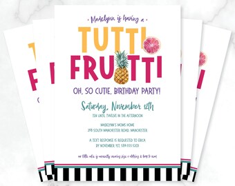 Do druku Tutti Frutti Kids Party zaproszenie, Tutti Frutti zaproszenie urodzinowe, zaproszenie na przyjęcie ananasowe, tropikalne przyjęcie urodzinowe, przyjęcie owocowe