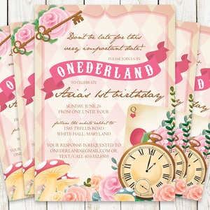 PRINTABLE Onderland First Birthday Party Invitation, Alice in Wonderland Invite, in Onederland Birthday Invite, One Year Old Girl Birthday image 1