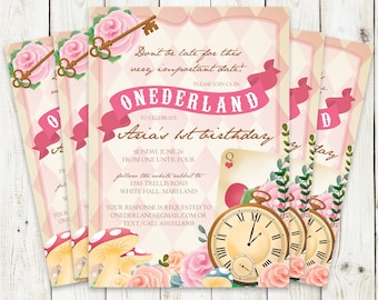 AFDRUKBARE Onderland eerste uitnodiging voor verjaardagsfeestje, Alice in Wonderland uitnodigen, in Onederland verjaardag uitnodigen, een jaar oud meisje verjaardag