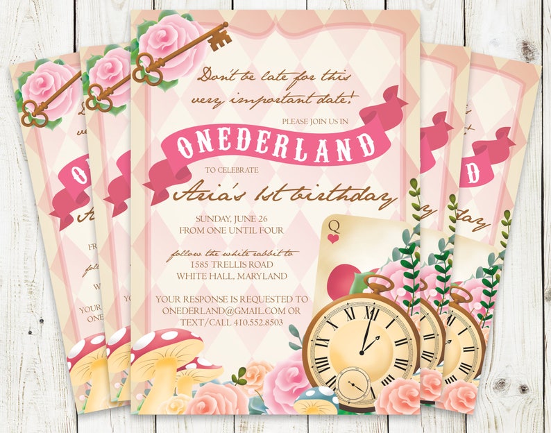 PRINTABLE Onderland First Birthday Party Invitation, Alice in Wonderland Invite, in Onederland Birthday Invite, One Year Old Girl Birthday image 1