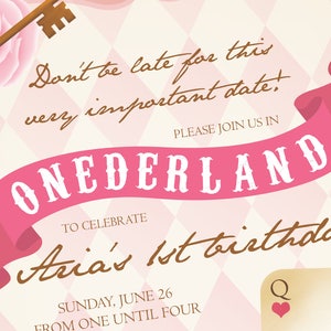 PRINTABLE Onderland First Birthday Party Invitation, Alice in Wonderland Invite, in Onederland Birthday Invite, One Year Old Girl Birthday image 4