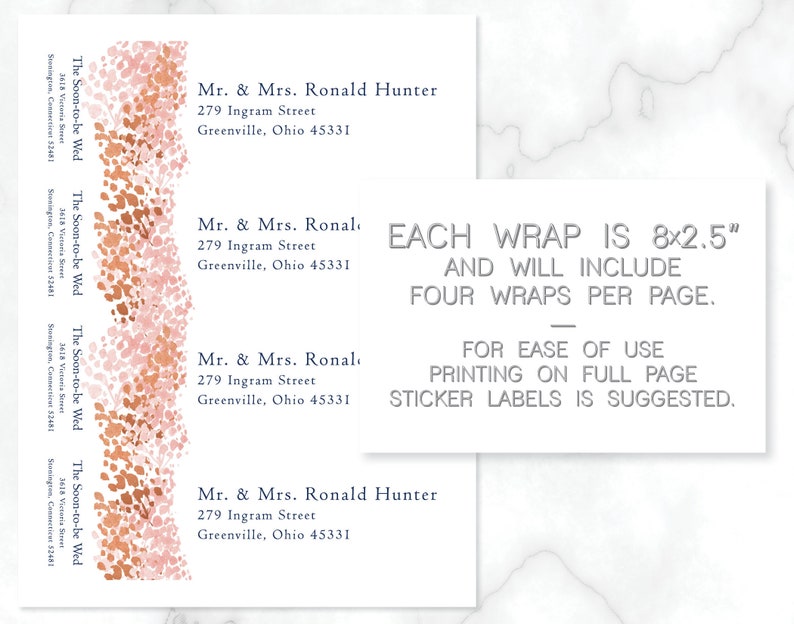 PRINTABLE Pink & Copper Abstract Floral Dots Wraparound Invitation Address Label, Rose Gold Label Template, Wedding Invite Address Wrap image 2