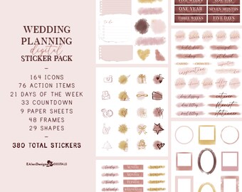 Pakiet naklejek cyfrowych do planowania ślubu w kolorze różu i złota, różowe naklejki cyfrowe do goodnotes, naklejki do cyfrowego planera, przezroczyste pliki PNG