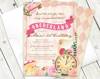 Onderland First Birthday Party Invitation, Alice in Wonderland Invite, in Onederland Birthday Invite, One Year Old Girl Birthday Invite