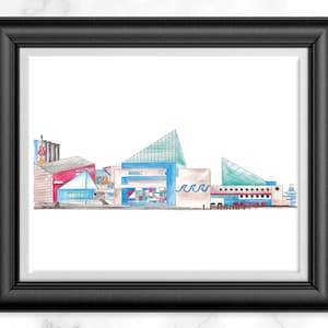 Baltimore Inner Harbor Watercolor Print, Baltimore Landmark Illustration, Baltimore City Wall Decor, Baltimore Aquarium Print, Gift Under 20