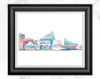 Baltimore Inner Harbor Akwarela Wydruk, Baltimore Landmark Illustration, Baltimore City Wall Decor, Baltimore Aquarium Wydruk, Prezent Poniżej 20