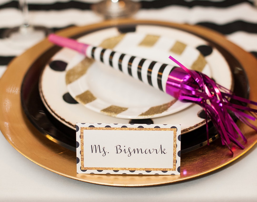 PRINTABLE Black Polka Dots Escort Card, Folded Gold Place Card, Wedding ...