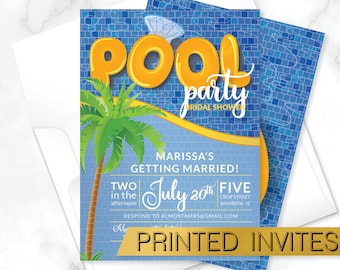 Summer Wedding Shower Pool Party Invitation, Luau Bridal Shower Invite, Couples Shower, Coed Palm Tree Bridal Shower Pool Party Invite,