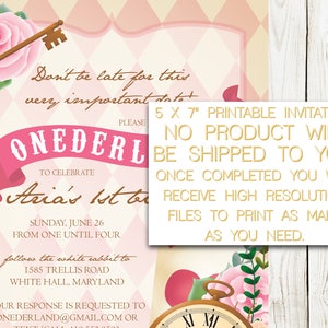 PRINTABLE Onderland First Birthday Party Invitation, Alice in Wonderland Invite, in Onederland Birthday Invite, One Year Old Girl Birthday image 2