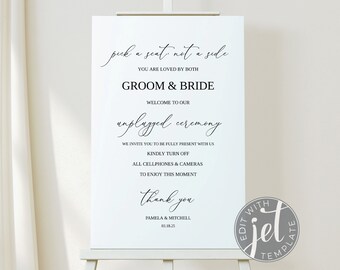 Szablon powitalnego znaku ślubnego Unplugged Ceremony, 24x36" Minimalistyczny znak powitalny, Natychmiastowe pobieranie Unplugged Wedding, Edytuj za pomocą szablonu Jet