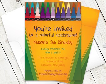 Childrens Crayon Box Invitation, Colorful Crayon Kids Birthday Party Invitation, Little Artist Birthday Invite, Rainbow Party Invitation