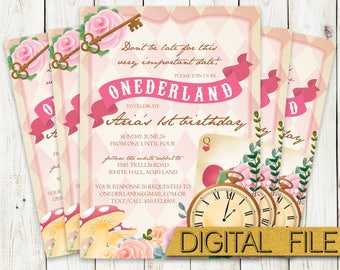PRINTABLE Onederland First Birthday Party Invitation - Alice in Wonderland Invite - Down the Rabbit Hole