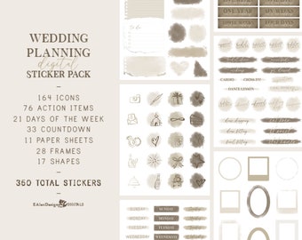 Pakiet neutralnych naklejek cyfrowych do planowania ślubu, naklejki cyfrowe w kolorze jasnobrązowym i kości słoniowej do goodnotes, naklejki do planera cyfrowego, przezroczyste pliki PNG