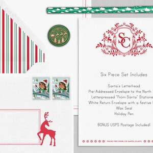 Op de afbeelding: Een zesdelige kerststationery set met een rood-groen gestreepte envelop, een rood rendier en een waszegel. De set bevat Santa's briefpapier, een vooraf geadresseerde envelop naar de Noordpool, "From Santa" briefpapier met reli&euml;f, een witte retour envelop, een waszegel en een feestdagpen. BONUS USPS-postzegels inbegrepen!  FROM THE DESK OF SANTA CLAUS