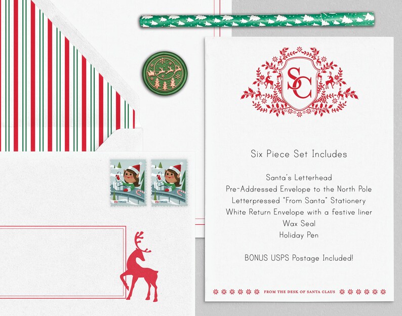 Op de afbeelding: Een zesdelige kerststationery set met een rood-groen gestreepte envelop, een rood rendier en een waszegel. De set bevat Santa's briefpapier, een vooraf geadresseerde envelop naar de Noordpool, "From Santa" briefpapier met reli&euml;f, een witte retour envelop, een waszegel en een feestdagpen. BONUS USPS-postzegels inbegrepen!  FROM THE DESK OF SANTA CLAUS