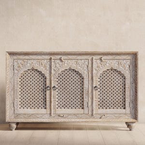 Mango Wood Carved Sideboard, Handcrafted Wooden Buffet Cabinet, Rustic Storage Cabinet, Farmhouse Console, Boho Furniture