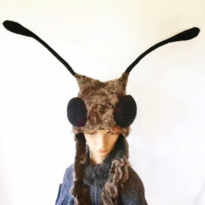 May include: A brown and black felt ant hat with long antennae. The hat has large black eyes with purple accents.