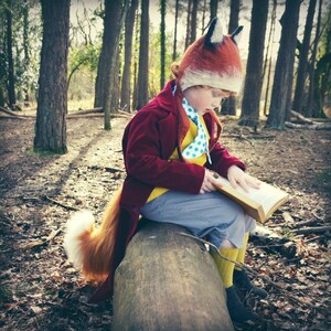 A boy wearing a fox costume sits on a log in the woods reading a book. A long fox tail hangs below his velvet jacket and yellow waistecoat. He wears a felted fox hat to complete the costume