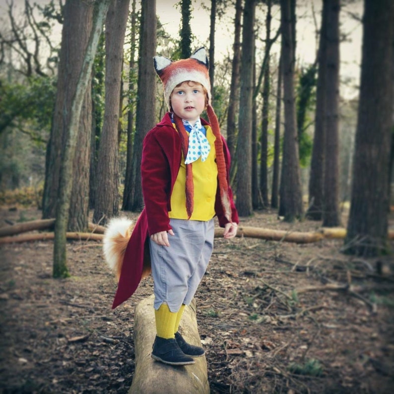 May include: A young child wearing a red coat and a fox hat with a long tail, standing on a log in a forest setting.