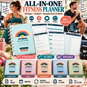 Op de afbeelding: Een alles-in-één fitnessplanner met 40 ongedateerde pagina's, elke 12 weken herbruikbaar. De kaft toont een regenboog en de tekst "Fitness Planner". Bevat diverse trackingpagina's voor trainingen, maaltijden en water, beschikbaar in A4-formaat.
