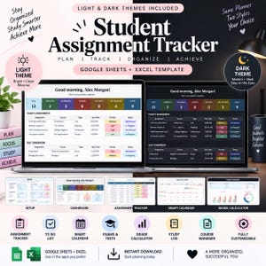 Könnte beinhalten: Eine digitale Vorlage für einen Studenten-Aufgaben-Tracker für Google Sheets und Excel mit hellen und dunklen Designs. Die Benutzeroberfläche zeigt Aufgaben-Dashboards, einen intelligenten Kalender und einen Notenrechner mit strukturierten Tabellen.