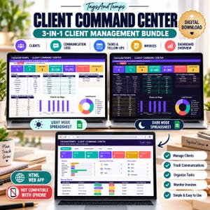 May include: A digital client management bundle featuring a command center with light and dark mode spreadsheet views and an HTML web app. The interface displays client pipelines, revenue charts, lead sources, and task tracking tools.