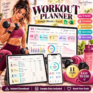 Op de afbeelding: Een digitale workoutplanner voor Google Sheets en Excel met een fitnessdashboard, trainingslogboek en voortgangstracker. De interface toont grafieken en trainingsgegevens op een laptop, tablet en smartphonescherm.