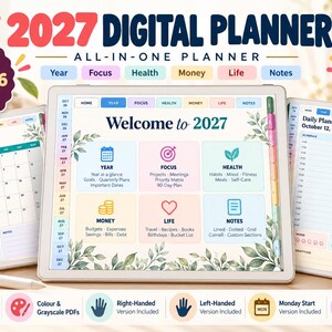 May include: A 2027 digital planner displayed on three tablet screens, featuring 750 hyperlinked pages, a monthly calendar starting October 2026, and sections for year, focus, health, money, life, and notes with botanical leaf illustrations.