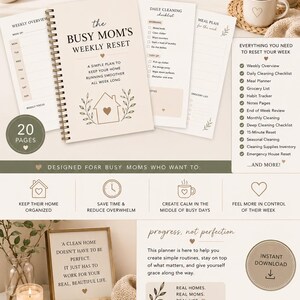 May include: A digital planner titled The Busy Mom's Weekly Reset, featuring 20 pages for home organization, cleaning checklists, and meal planning. The design includes neutral tones, botanical illustrations, and text prompts to help manage household tasks and routines efficiently.