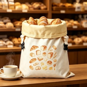 Könnte beinhalten: Ein cremefarbener Brotbeutel aus Segeltuch mit Rollverschluss und schwarzen Seitenschnallen, bedruckt mit einem Muster aus verschiedenen Brotsorten, Butter und Honig. Der Beutel ist mit frischen Brötchen gefüllt und steht neben einer dampfenden Kaffeetasse.