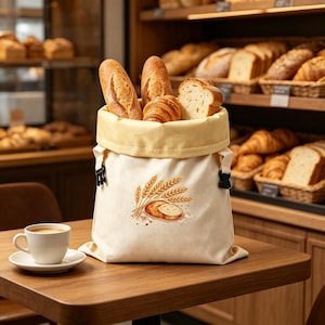 Könnte beinhalten: Ein cremefarbener Brotbeutel aus Segeltuch mit gelbem Innenfutter und schwarzen seitlichen Schnallen, verziert mit einer aufgedruckten Illustration von Weizenähren und einem Brotlaib. Der Beutel ist mit verschiedenen frischen Broten gefüllt.