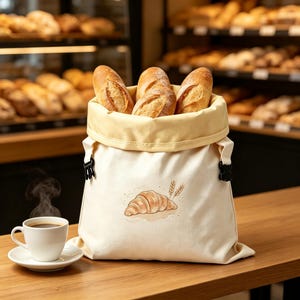 Könnte beinhalten: Ein cremefarbener Stoffbeutel für Brot mit umgeschlagenem Rand, der drei goldbraune Baguettes enthält. Der Beutel ist mit einer Illustration eines Croissants und Weizenähren bedruckt und steht neben einer dampfenden weißen Kaffeetasse.