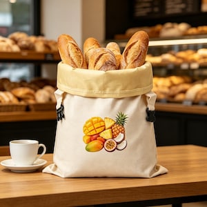 Könnte beinhalten: Eine cremefarbene Leinentasche mit gerolltem Rand, gefüllt mit mehreren knusprigen Baguettes. Auf der Vorderseite der Tasche befindet sich ein farbenfroher Grafikdruck von tropischen Früchten, darunter eine Ananas, eine Mango, eine Passionsfrucht und Kokosnussstücke.