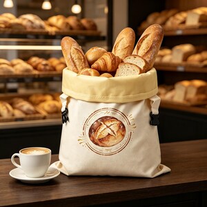 May include: A cream-colored canvas bread bag with a yellow interior lining and black side buckles, featuring a circular graphic of a round loaf of bread. The bag is filled with various types of bread, including baguettes and a croissant.