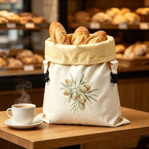 Könnte beinhalten: Ein cremefarbener Brotbeutel aus Stoff mit umgeschlagenem Rand und einem aufgedruckten Motiv aus grünen Oliven und Blättern auf der Vorderseite. Der Beutel ist mit schwarzen seitlichen Schnallen versehen und enthält drei knusprige Baguettes.