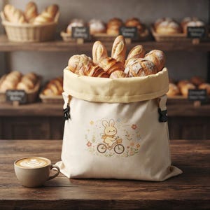 Könnte beinhalten: Ein cremefarbener Brotbeutel aus Segeltuch, gefüllt mit verschiedenen goldbraunen Backwaren, mit einem Aufdruck eines kleinen Hasen auf einem Fahrrad, umgeben von Blumen. Eine Keramiktasse mit Latte-Art steht neben dem Beutel.