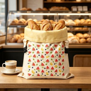 May include: A cream-colored fabric bread bag with a repeating pattern of red watermelon slices, yellow fruit wedges, and small blue berries. The bag features a wide, light yellow cuff at the top and black side buckles, filled with three crusty loaves.