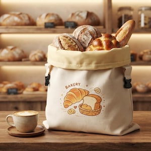 Könnte beinhalten: Eine cremefarbene Stofftasche gefüllt mit verschiedenen Brotsorten, verziert mit einer Grafik eines Croissants, eines Brotes im Korb und dem Wort BAKERY. Eine Keramiktasse mit Latte Art steht neben der Tasche auf einer Holzoberfläche.