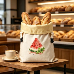 Könnte beinhalten: Ein cremefarbener Brotsack aus Segeltuch mit gerolltem Rand, verziert mit einer Aquarellillustration einer Wassermelonenscheibe und grünen Minzblättern. Der Sack ist mit drei knusprigen Baguettes gefüllt und steht neben einer weißen Kaffeetasse.