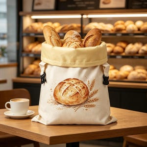 Könnte beinhalten: Ein cremefarbener Brotbeutel aus Segeltuch mit gelbem Innenfutter und schwarzen seitlichen Schnallen. Die Vorderseite zeigt eine Aquarellillustration eines runden Brotlaibs und Weizenähren. Mehrere knusprige Brotlaibe befinden sich im Beutel.