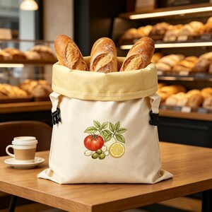 Könnte beinhalten: Ein cremefarbener Stoffbeutel für Brot mit hellgelbem Innenfutter und schwarzen seitlichen Schnallen. Die Vorderseite zeigt eine farbenfrohe Illustration einer roten Tomate, grünen Basilikumblättern, grünen Oliven und einer gelben Zitronenscheibe.