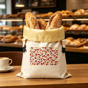 May include: A cream-colored fabric bread bag with a yellow interior lining, featuring a repeating pattern of red strawberries, cherries, and blue blueberries. The bag is filled with three crusty baguettes and has black plastic side buckles.