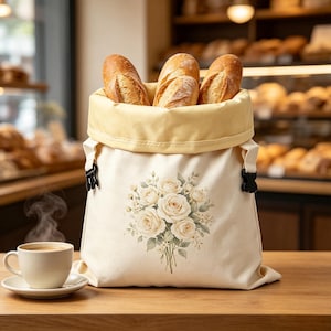 Könnte beinhalten: Ein cremefarbener Stoffbeutel für Brot mit einem Blumenmuster aus weißen Rosen und grünen Blättern. Der Beutel hat ein hellgelbes Innenfutter, eine weite Öffnung und seitliche Schnallen aus schwarzem Kunststoff. Drei knusprige Baguettes stecken im Beutel.
