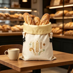Könnte beinhalten: Ein cremefarbener Brotbeutel aus Stoff mit gelbem Innenfutter und seitlichen schwarzen Kunststoffschnallen, gefüllt mit drei goldbraunen Baguettes. Auf der Vorderseite befindet sich eine kreisförmige Grafik mit Weizenähren in Gold, Grün und Braun.
