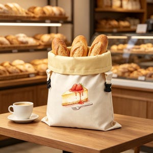 Könnte beinhalten: Ein cremefarbener Brotbeutel aus Segeltuch mit Rollverschluss und schwarzen Seitenschnallen, bedruckt mit einer Illustration eines Erdbeer-Käsekuchens und einer Gabel. Eine weiße Kaffeetasse aus Keramik steht daneben auf dem Tisch.