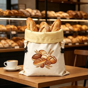 Könnte beinhalten: Ein cremefarbener Brotbeutel aus Stoff mit umgeschlagenem Rand, der auf der Vorderseite eine grafische Illustration verschiedener Brote, Weizenähren und Walnüsse zeigt. Der Beutel ist mit schwarzen seitlichen Schnallen versehen und enthält drei Baguettes.