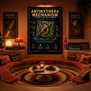 May include: A rectangular wall poster featuring the Antikythera Mechanism, labeled as the world's first analog computer. The poster displays a detailed illustration of the ancient device with technical annotations, text, and icons on a dark background.