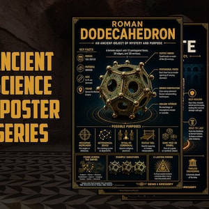 May include: A three-poster series titled Ancient Science featuring a Roman dodecahedron. The central poster displays a bronze dodecahedron with twelve pentagonal faces, vertex knobs, and circular openings, accompanied by text detailing key facts, possible purposes, and historical context in gold and white on a black background.